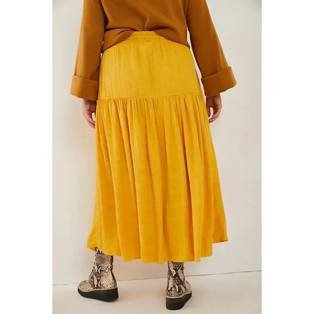Maeve Carnacion Textured Maxi Skirt Size M Mustard Drawstring Waist Button Front